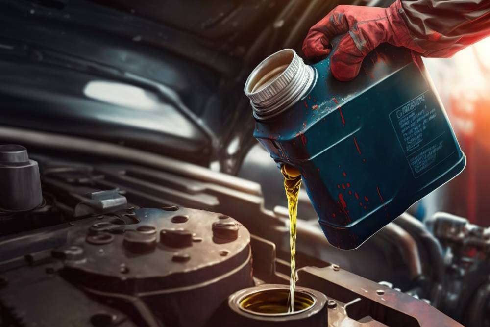 A mechanic refills the engine oil of a car